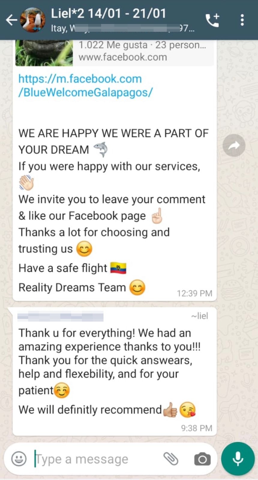 Message from Liel thanking the team for flexibility and quick answers
