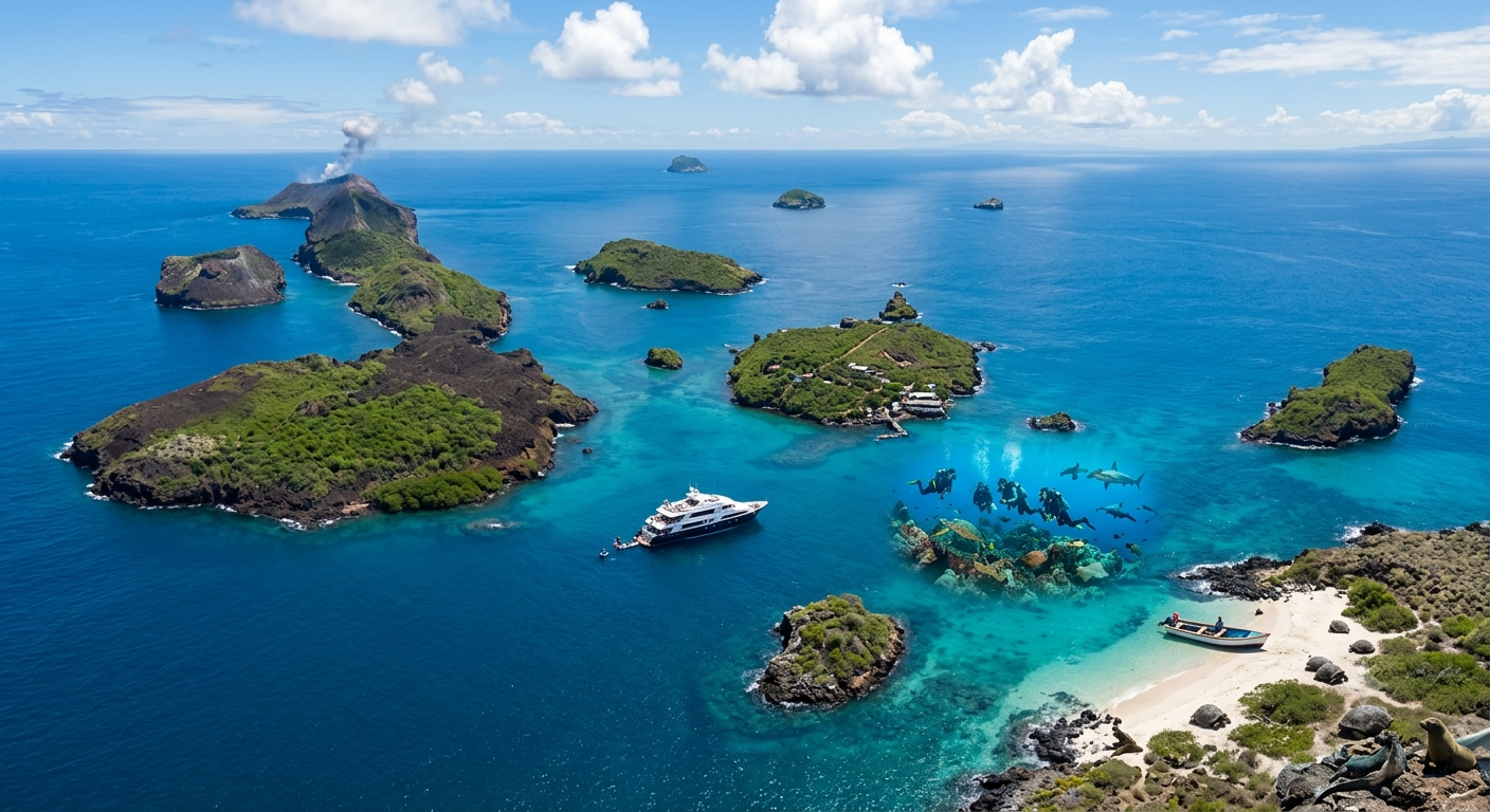 Aerial view of the Galápagos archipelago with volcanic islands, an expedition yacht and divers in turquoise water