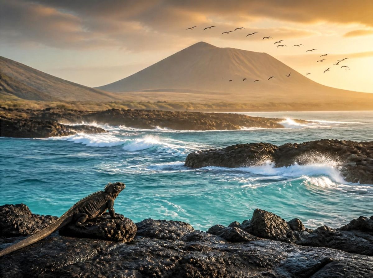 Marine iguana on black lava rock above turquoise surf, a flock of albatrosses gliding past a volcano at golden hour