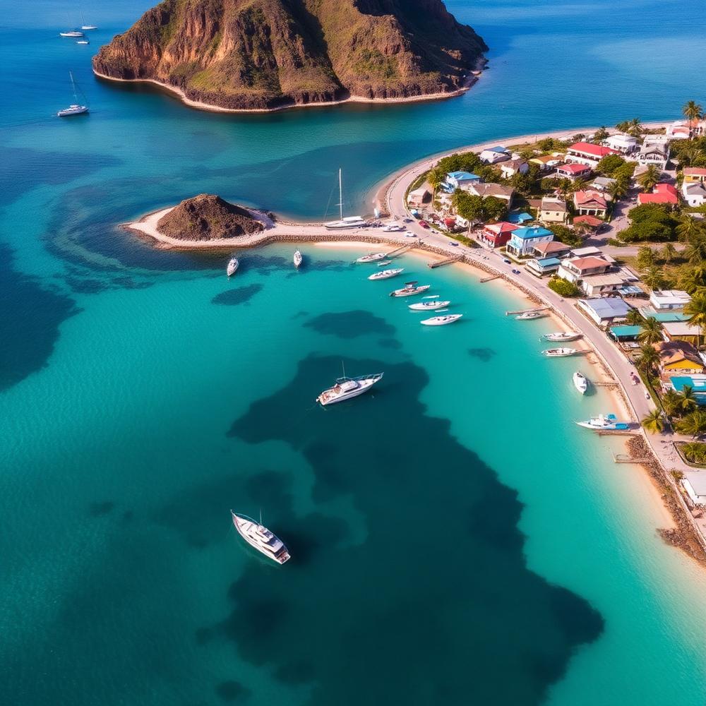 Aerial view of Galápagos coastal village
