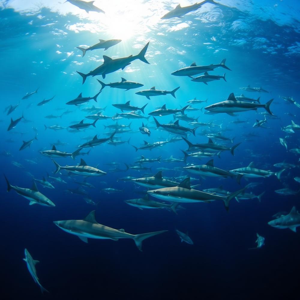 School of hammerhead sharks underwater
