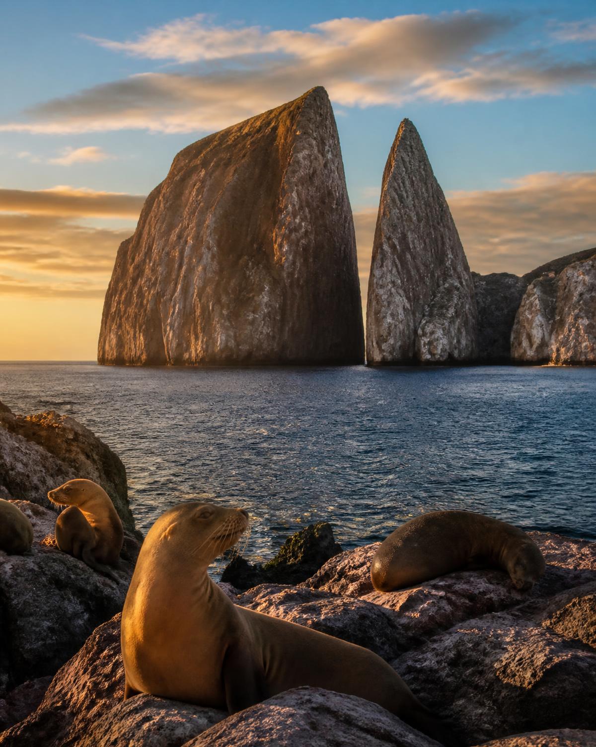 Kicker Rock at golden hour with sea lions resting on the shore