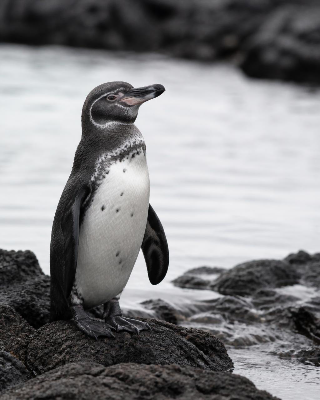 Galápagos penguin on lava rock