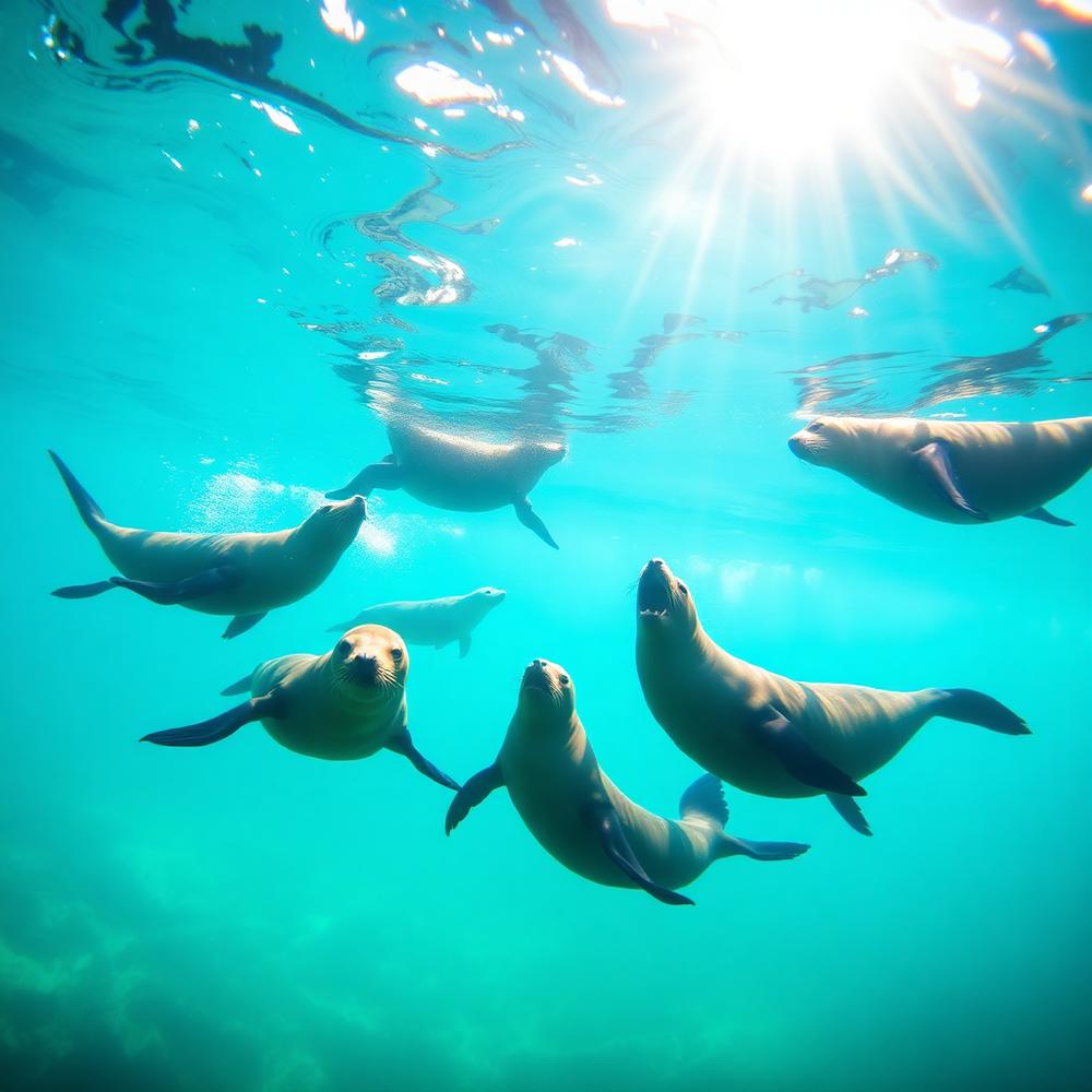 Sea lions swimming underwater