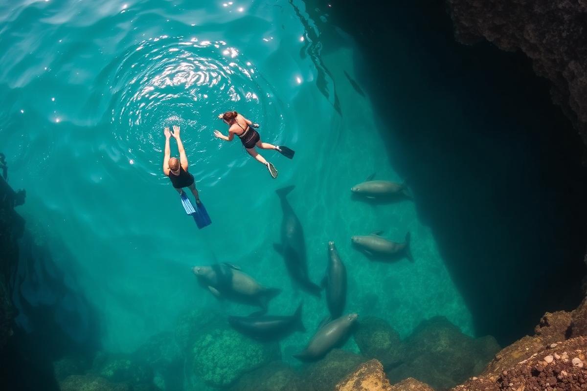 Aerial view of snorkelers in a hidden cove
