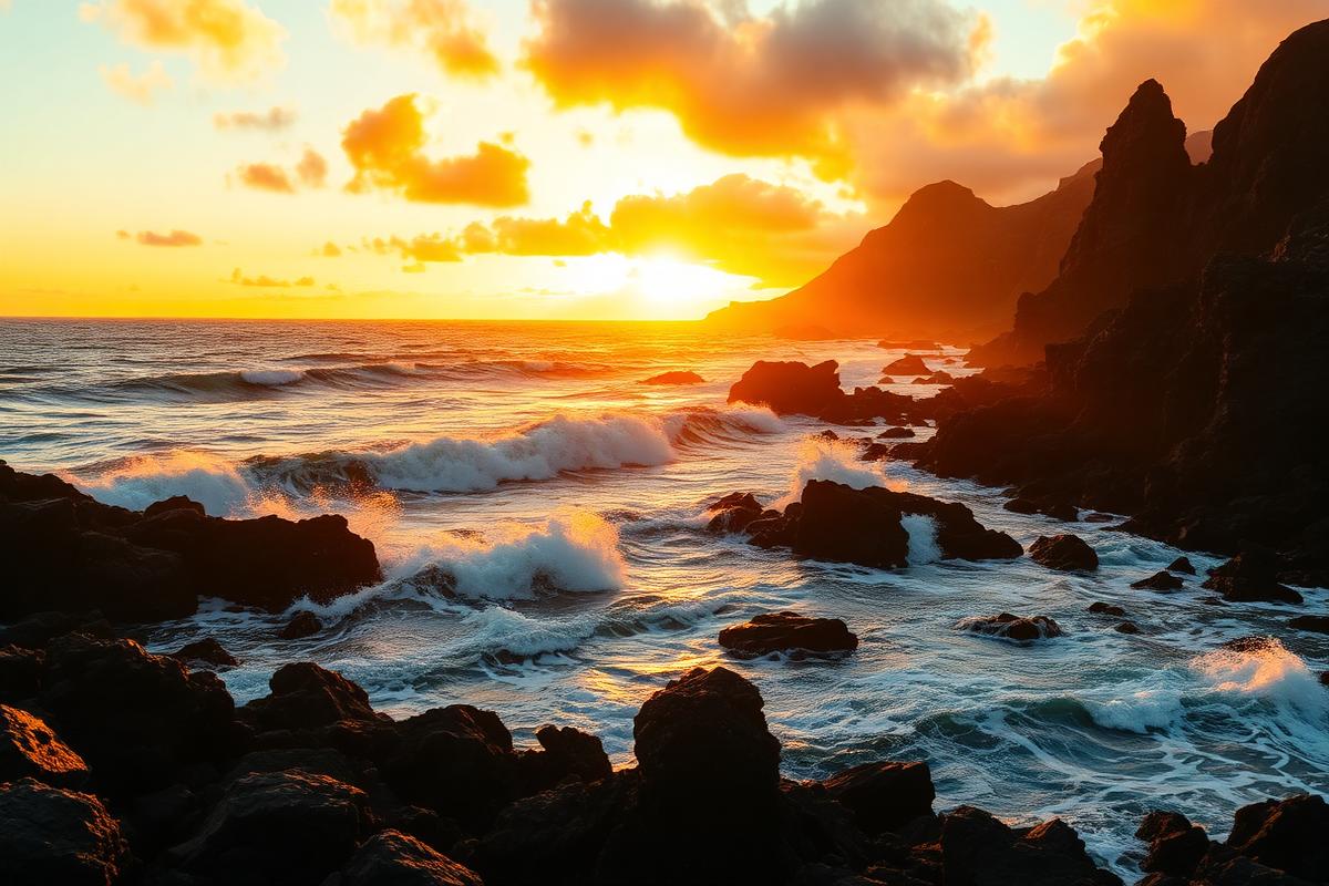 Volcanic coastline at sunset